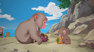 海辺で親子のサルが並んで食べ物を分け合っているイラスト