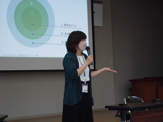 男女共同参画講座2022にて、スクリーンの前で講義をするファシリテーターの写真