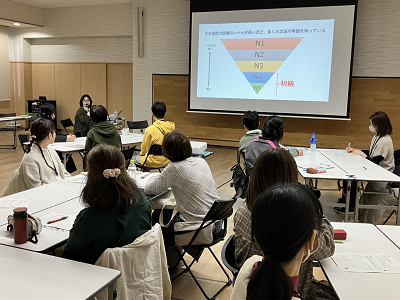 理解しやすさ、伝わりやすさを5段階で示した伝わりやすい日本語のスライドを説明する講師の写真