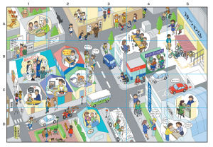 街のいたるところで様々な状況が発生している街角ウォッチングのイラスト