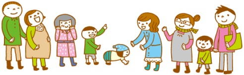 妊婦や子どもや老人など、老若男女問わずさまざまな人々が笑顔で並んでいるイラスト