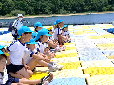 ドルフィンセンターの桟橋で青い帽子の園児たちが座ってイルカショーを大歓声で楽しんでいる様子の写真