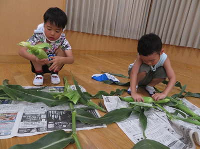 屋内で新聞紙を広げその上でしゃがみ込みトウモロコシを皮をむく2人の園児の写真