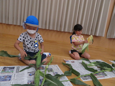 屋内で新聞紙を広げ座り込みトウモロコシの皮をむく2人の園児の写真