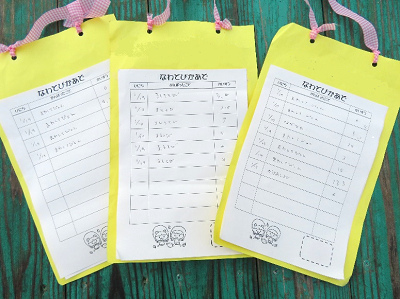 木目の机の上に黄色い台紙のカードが三枚並べられている写真