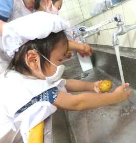 調理帽をかぶった子どもがじゃがいもを水道で丁寧に洗っている写真