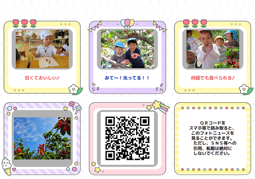 さくらんぼを美味しそうに頬張ったり、手に持って笑顔で写真に映る園児たちの写真とQRコードが載っているページ