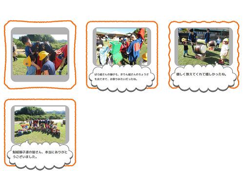 勘組獅子連の人たちと園児たちが触れ合いながら太鼓体験や記念撮影をしている様子を写真と文章で紹介したページ