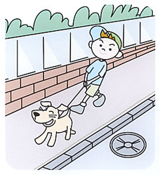 歩道で帽子を被った男の子が犬を散歩しているイラスト