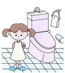 二つ結びの女の子がトイレの前に立っているイラスト