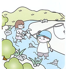 男の子と女の子が川に入り、網を使って魚を捕まえようとしているイラスト