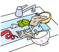 流し台に食べ残しや魚の骨、野菜くずなどがそのまま捨てられているイラスト