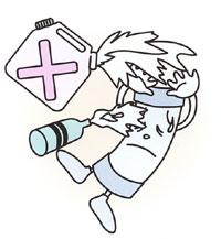 下水道をモチーフにしたキャラクターがガソリンやシンナーのような液体をかけられているイラスト