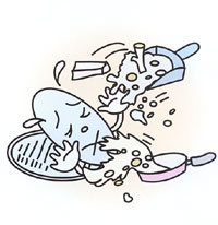 マンホールをモチーフにしたキャラクターにゴミや油が流されているイラスト