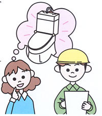 トイレの工事を考えている女性と業者のイラスト