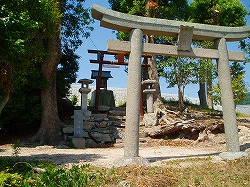 手前に灰色の鳥居と奥に赤い鳥居や灯籠がある社の写真