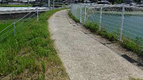 ため池の周りをフェンスで囲っていてそれに沿うように土手道が通っている写真