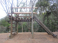 登ることのできる足場が二か所ある木で作られたアスレチックの写真