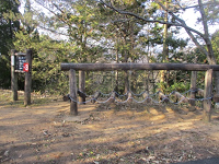 看板と丸太吊り橋を横から撮影した写真