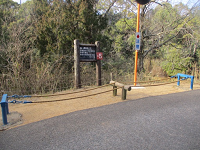 2本のロープが緩く張られたアスレチックが道横に設置されている写真