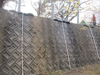 傾斜のついたブロック塀に3本のローブが垂れ下がっている写真