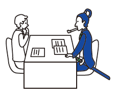 机を挟んで座る人物と、着物姿で刀を帯びたキャラクターが向かい合って相談しているイラスト