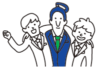 肩を組んで笑顔になっている3人のイラスト