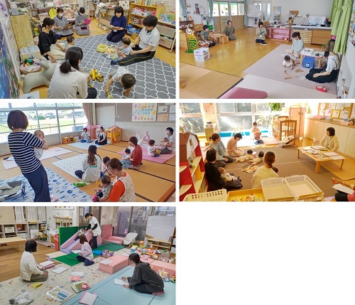 シートや畳の上で遊具で楽しんだり親子の親睦を確かめ合う様子の5枚の写真