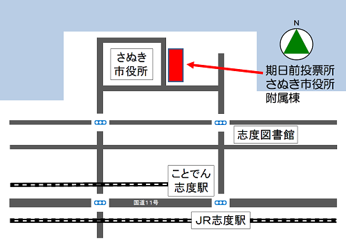 期日前投票所さぬき市役所付属棟の地図
