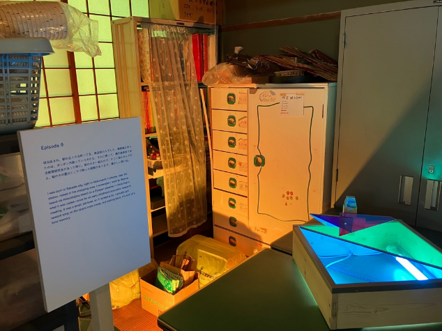 室内に作品説明パネルと、カラフルな光の箱や棚が展示されている写真