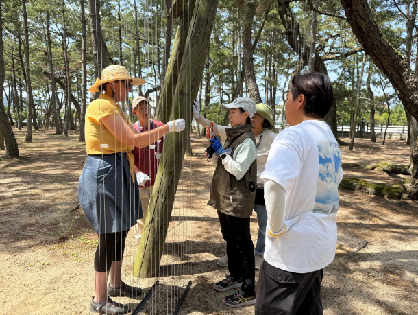 松林の中で帽子をかぶった参加者たちがアート作品の糸を張る作業をしている写真