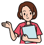 ピンク色のスクラブを着た女性が片手をあげているイラスト
