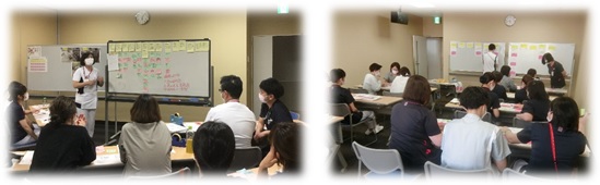 大勢の人が話し合ったり説明を聞いている写真が2枚並んでいる写真