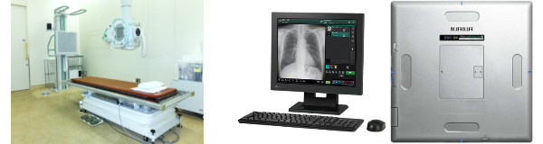 X線の計測装置と計測結果を表示しているモニター、銀色のパネルの三枚が並んだ写真