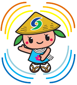 笠をかぶって草履をはいたキャラクターの周りに虹色の線が描かれたイラスト