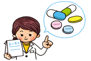 白衣を着た女性の左上に薬が入った吹き出しがあるイラスト