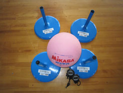 4個の青い円筒形から棒が突き出していて中央にピンクのボールが置かれている写真