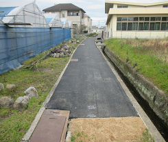 ビニールハウスと側溝の間の道が舗装された写真