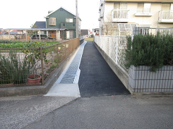 畑と家の間の側溝と舗装がされている写真