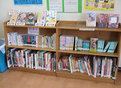 多くの本が3段の本棚に並んでいる写真