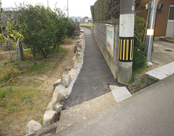 畑と家の壁の間を舗装した写真