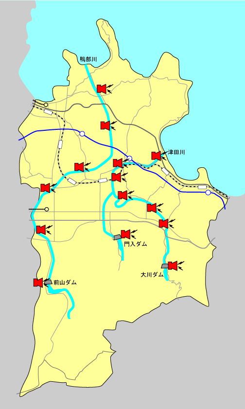 場所ごとのダム及び警報局の位置図