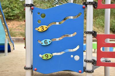青いパネルに数字の3、6、9が書かれたパネルが付いている写真