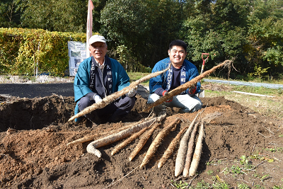 青い法被を着た男性2人が自然薯を持って笑う記念写真