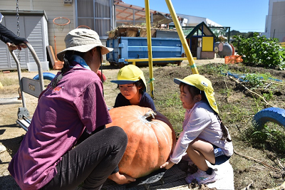かぼちゃを園児2人と女性が持ち上げている写真