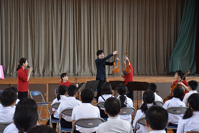 男性がバイオリンを並べて見せている写真