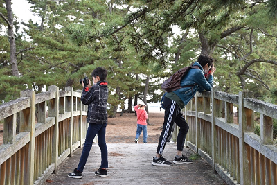 橋でそれぞれ反対の風景を撮影する親子の写真