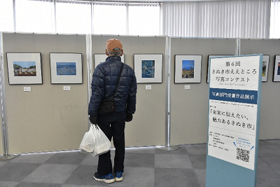 展示されている額縁に入った写真を見る男性の後ろ姿の写真