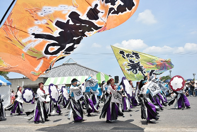 列になり、大きな旗や番傘をもって踊っている写真
