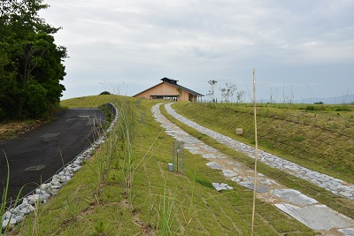 納屋に続く草の生えた道の写真